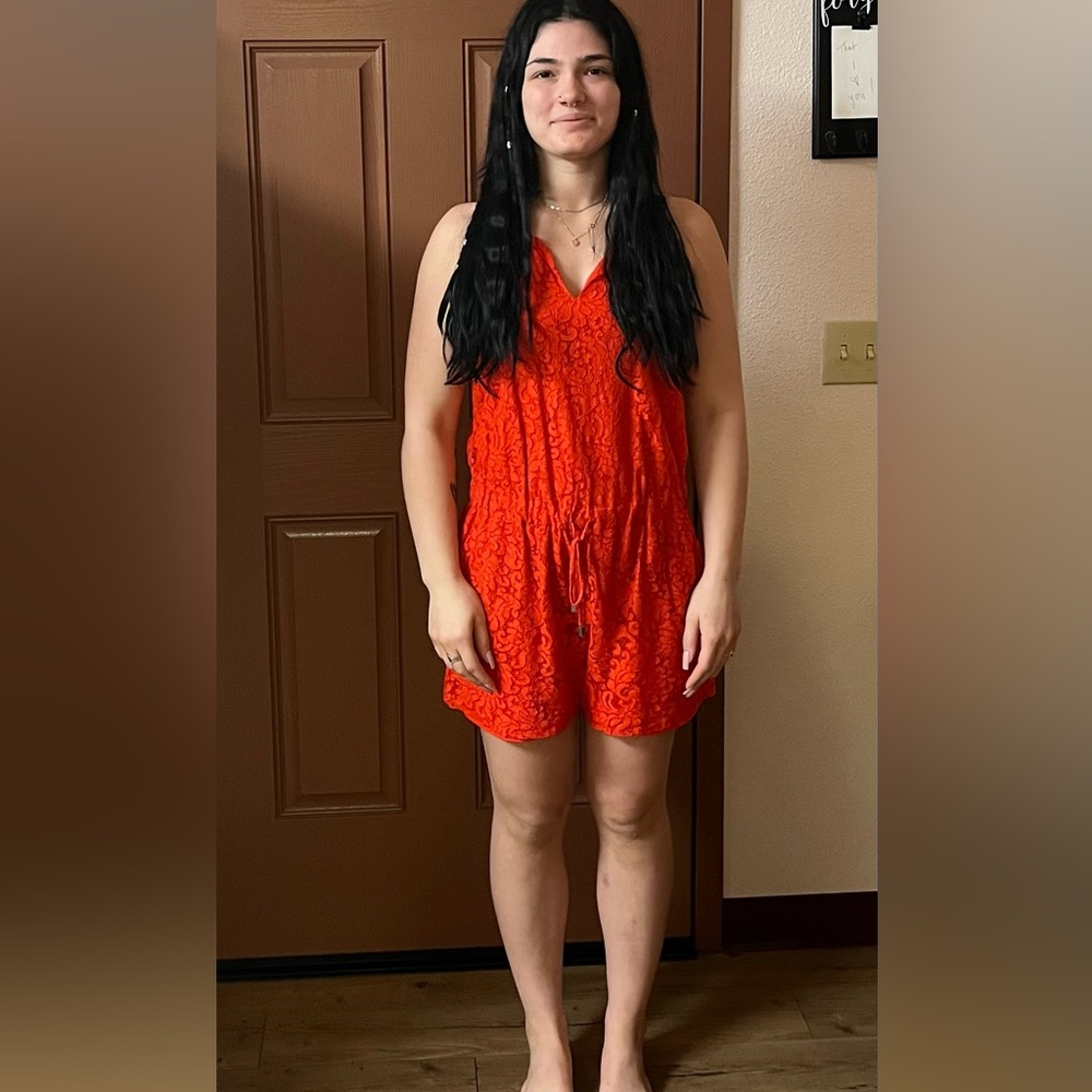 Romper, lace, red, orange, shorts